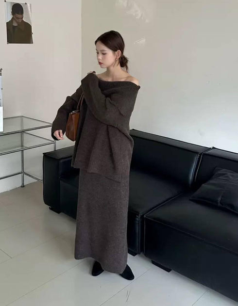 High Quality Knitted Off Shoulder Pullover With Long Skirts